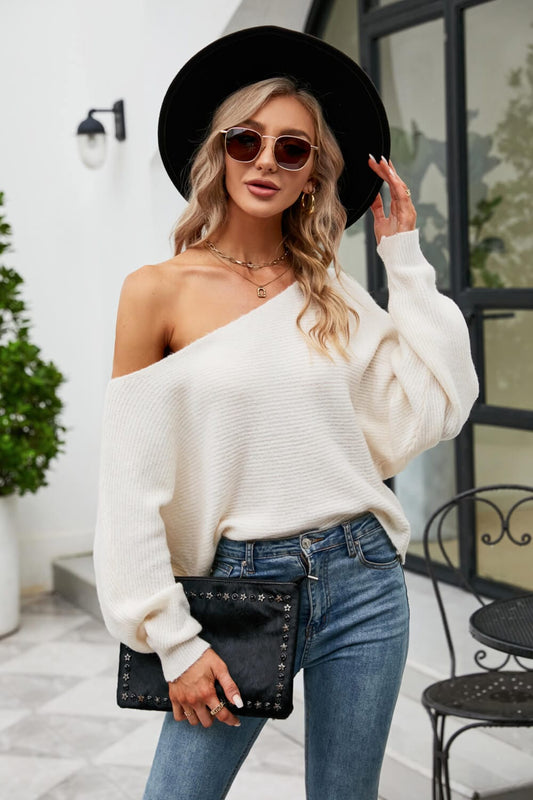 Boat Neck Horizontal Ribbing Dolman Sleeve Sweater - Body By J'ne