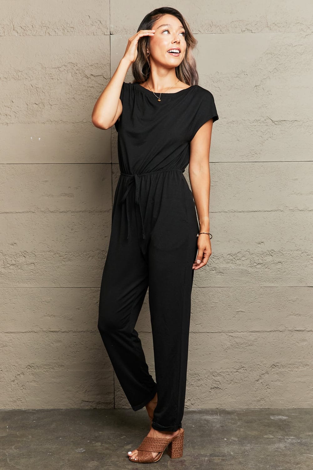 Boat Neck Short Sleeve Jumpsuit with Pockets - Body By J'ne