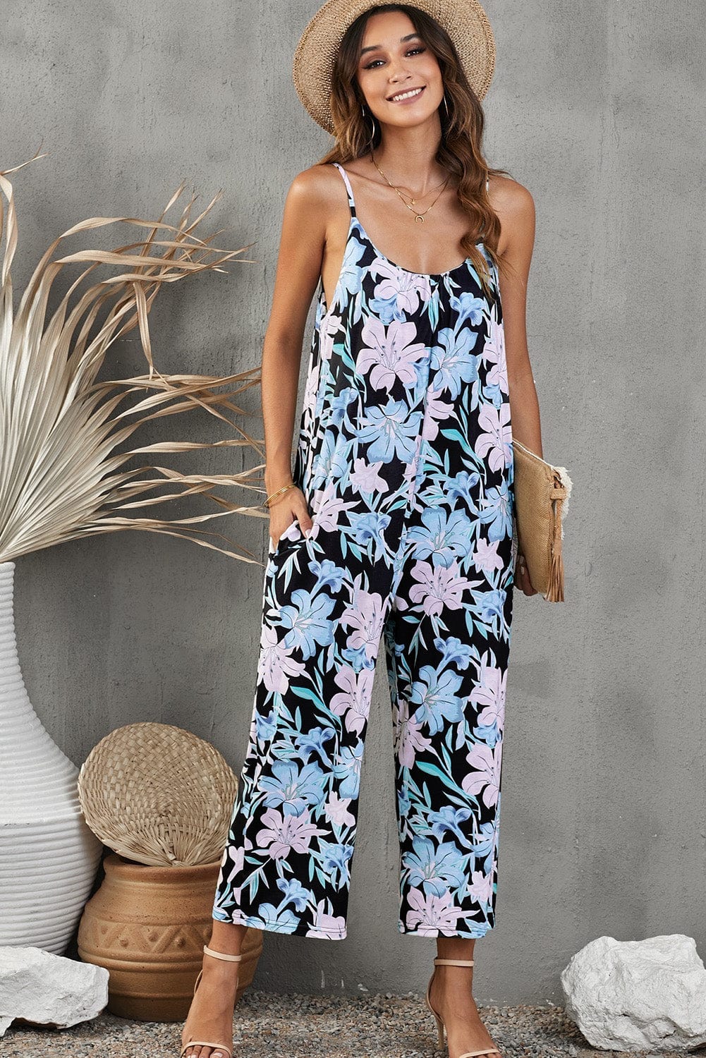 Botanical Print Spaghetti Strap Cropped Jumpsuit - Body By J'ne
