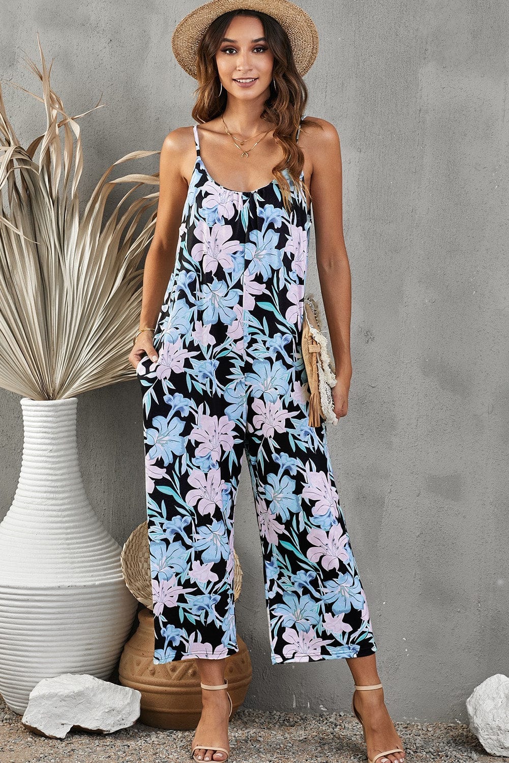 Botanical Print Spaghetti Strap Cropped Jumpsuit - Body By J'ne