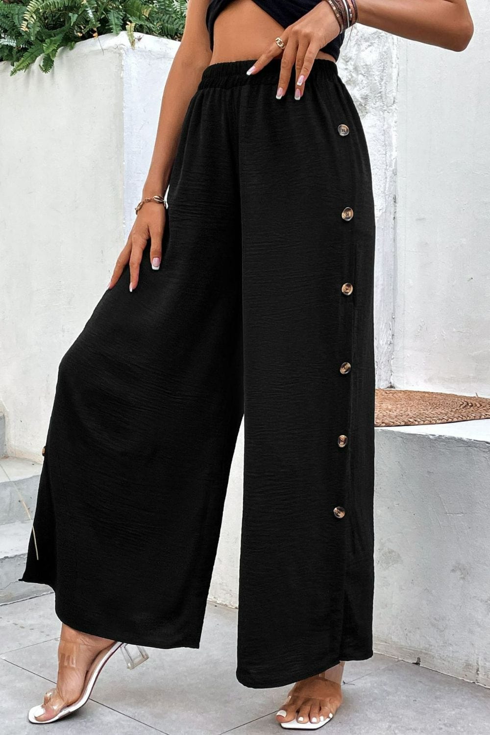 Button Detail Elastic Waist Wide Leg Pants - Body By J'ne