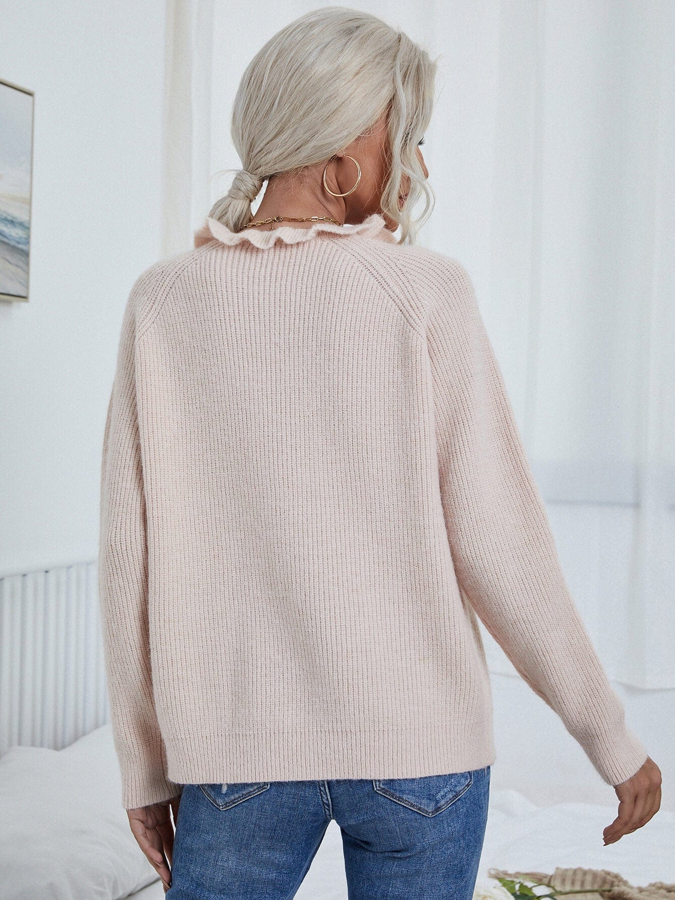 Button Detail Frill Neck Rib-Knit Sweater - Body By J'ne