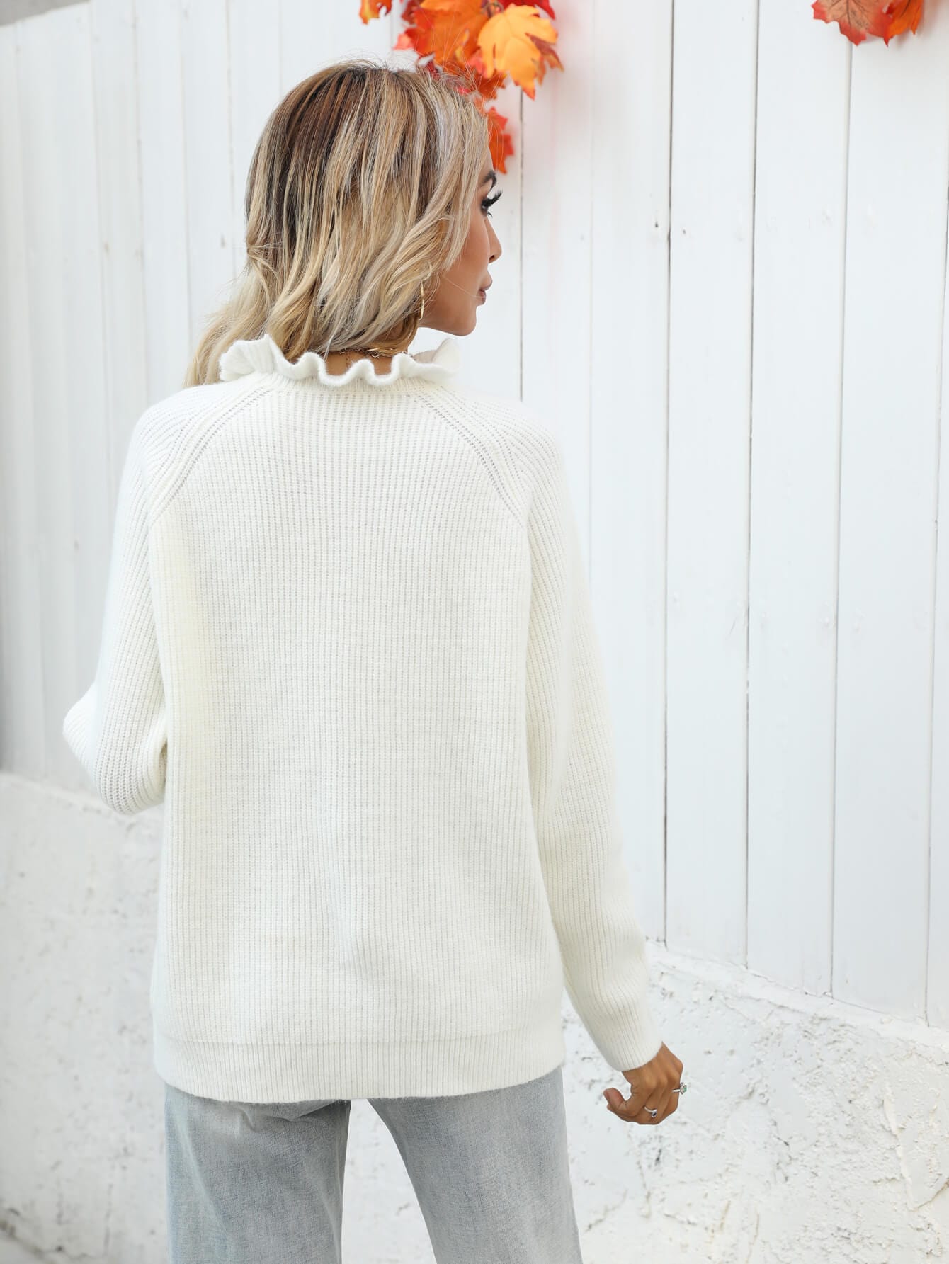 Button Detail Frill Neck Rib-Knit Sweater - Body By J'ne