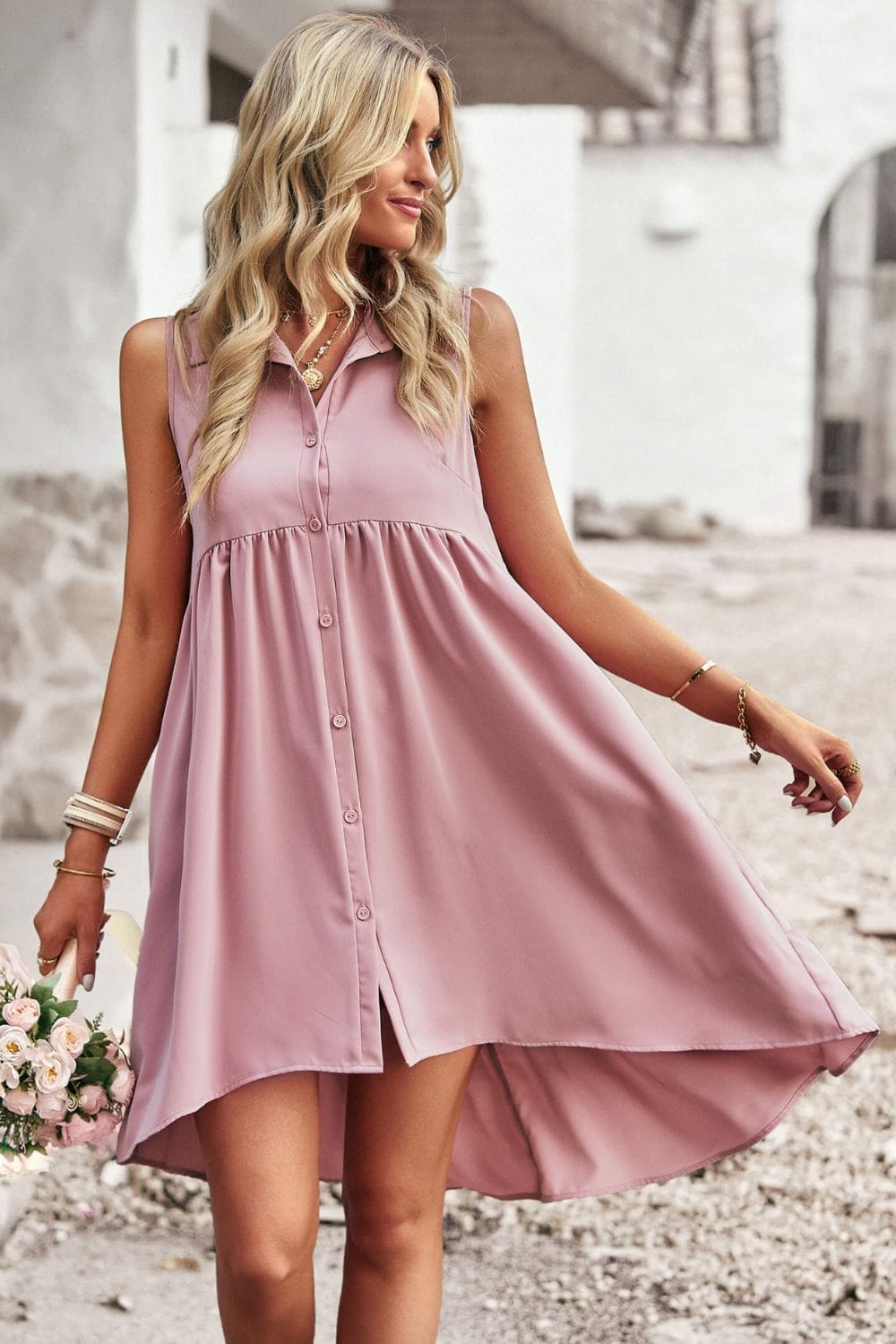 Button Down Collared Sleeveless Dress - Body By J'ne