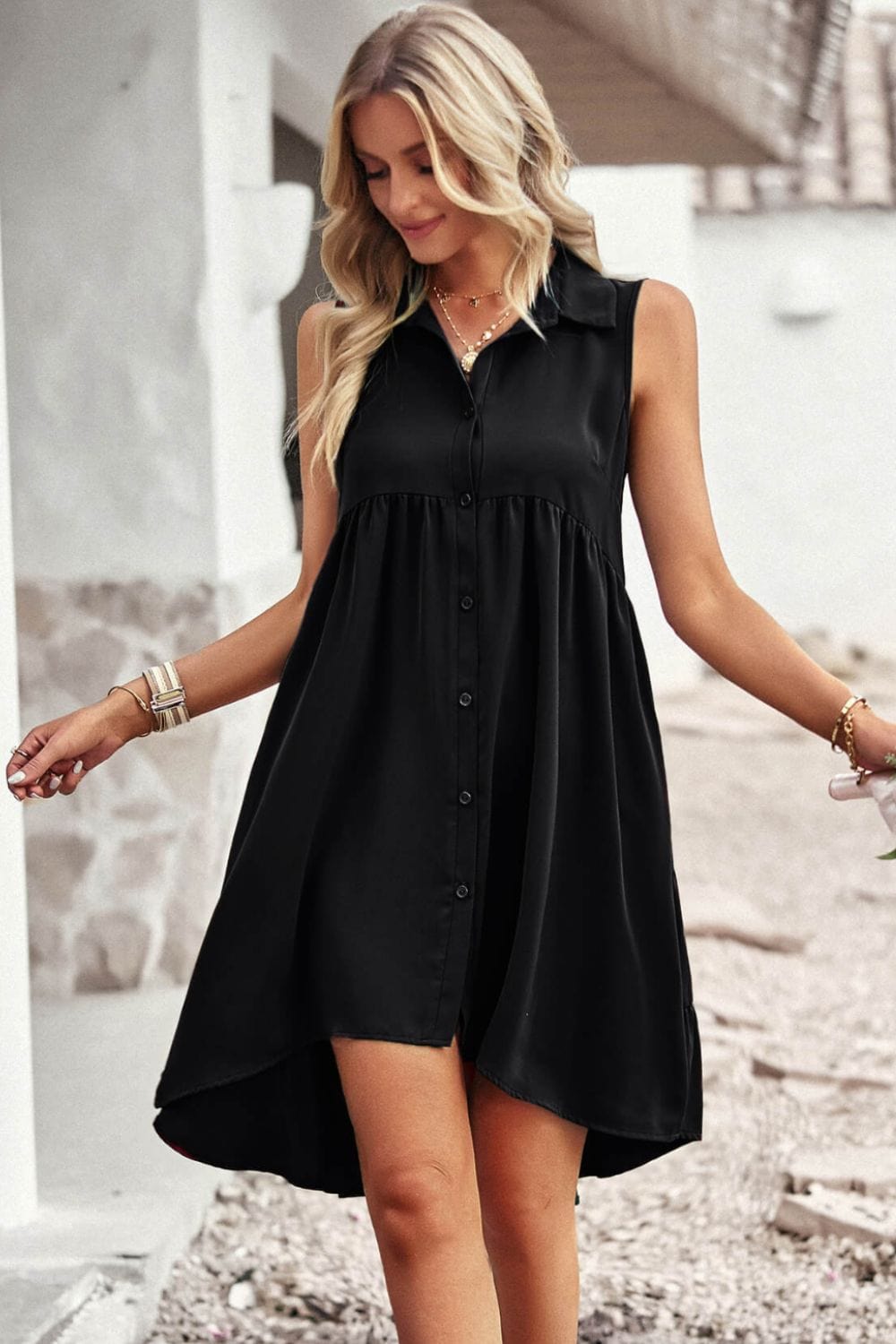 Button Down Collared Sleeveless Dress - Body By J'ne