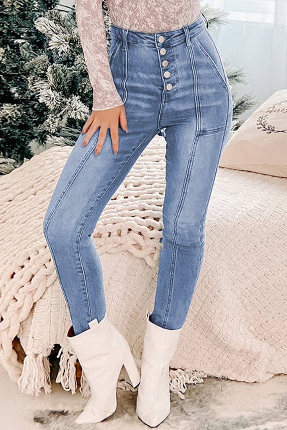 Button Fly Center Seam High Rise Jeans - Body By J'ne
