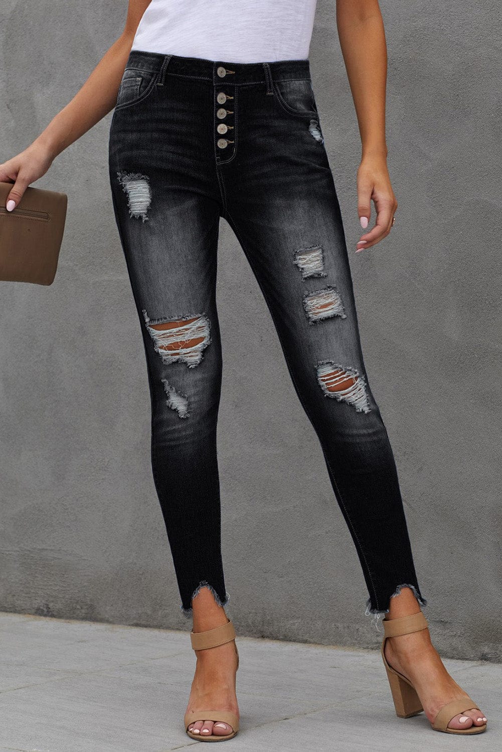 Button Fly Hem Detail Ankle-Length Skinny Jeans - Body By J'ne