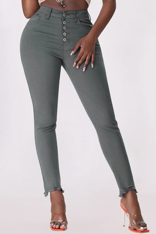 Button Fly Hem Detail Skinny Jeans - Body By J'ne