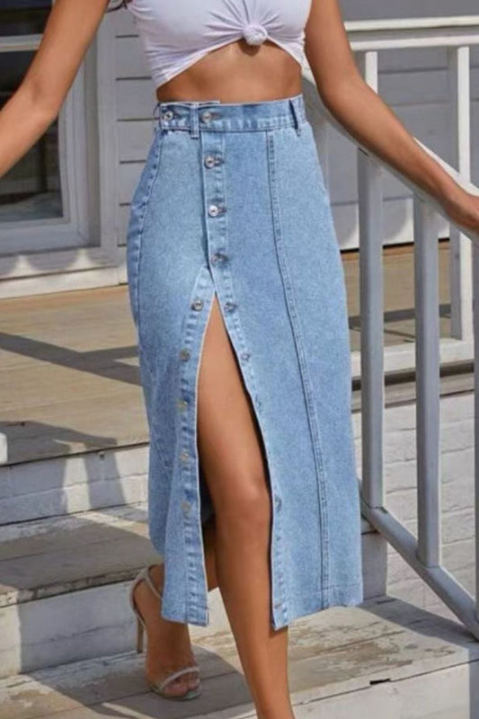 Button Fly Split Denim Skirt - Body By J'ne