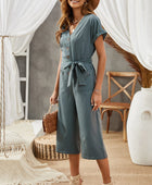 Button Front Belted Cropped Jumpsuit with Pockets - Body By J'ne