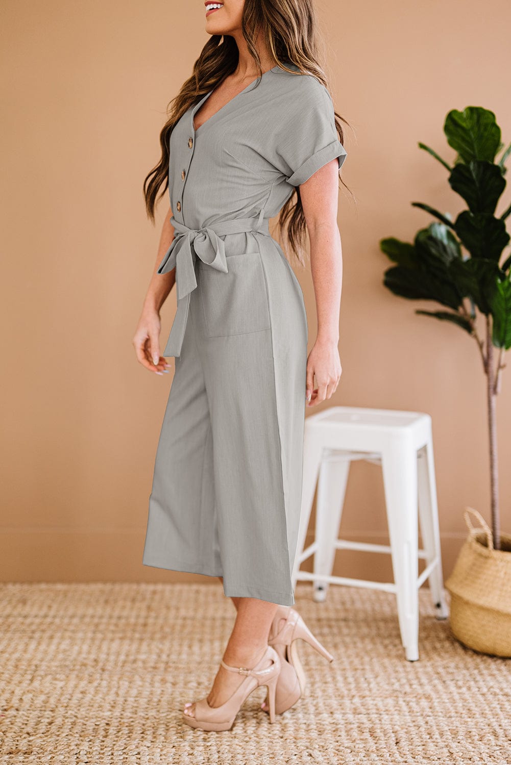 Button Front Belted Cropped Jumpsuit with Pockets - Body By J'ne