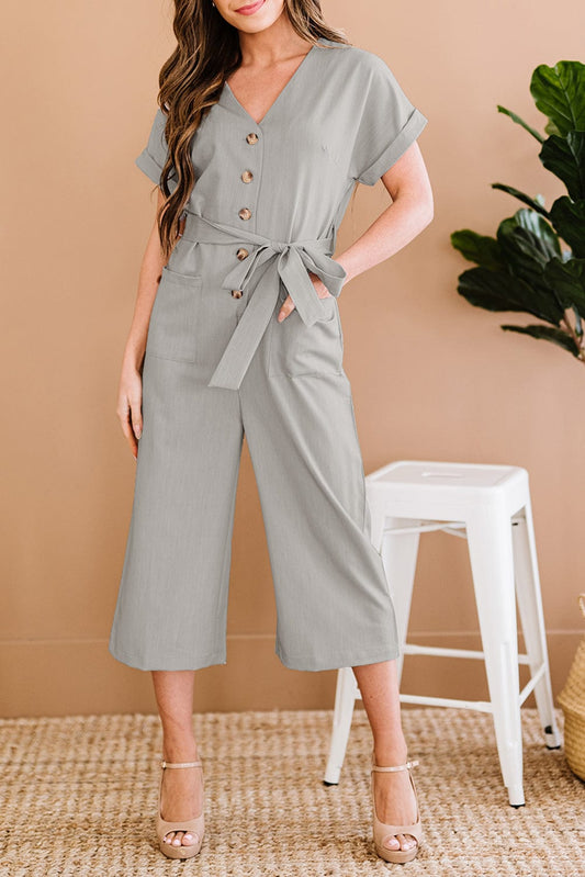 Button Front Belted Cropped Jumpsuit with Pockets - Body By J'ne