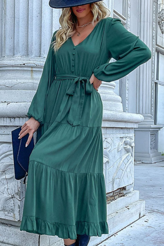 Buttoned V-Neck Puff Sleeve Tiered Dress - Body By J'ne