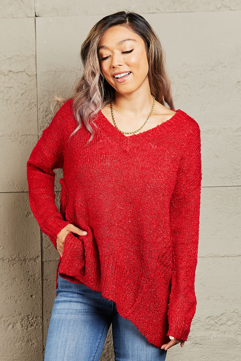 By The Fire Full Size Draped Detail Knit Sweater - Body By J'ne