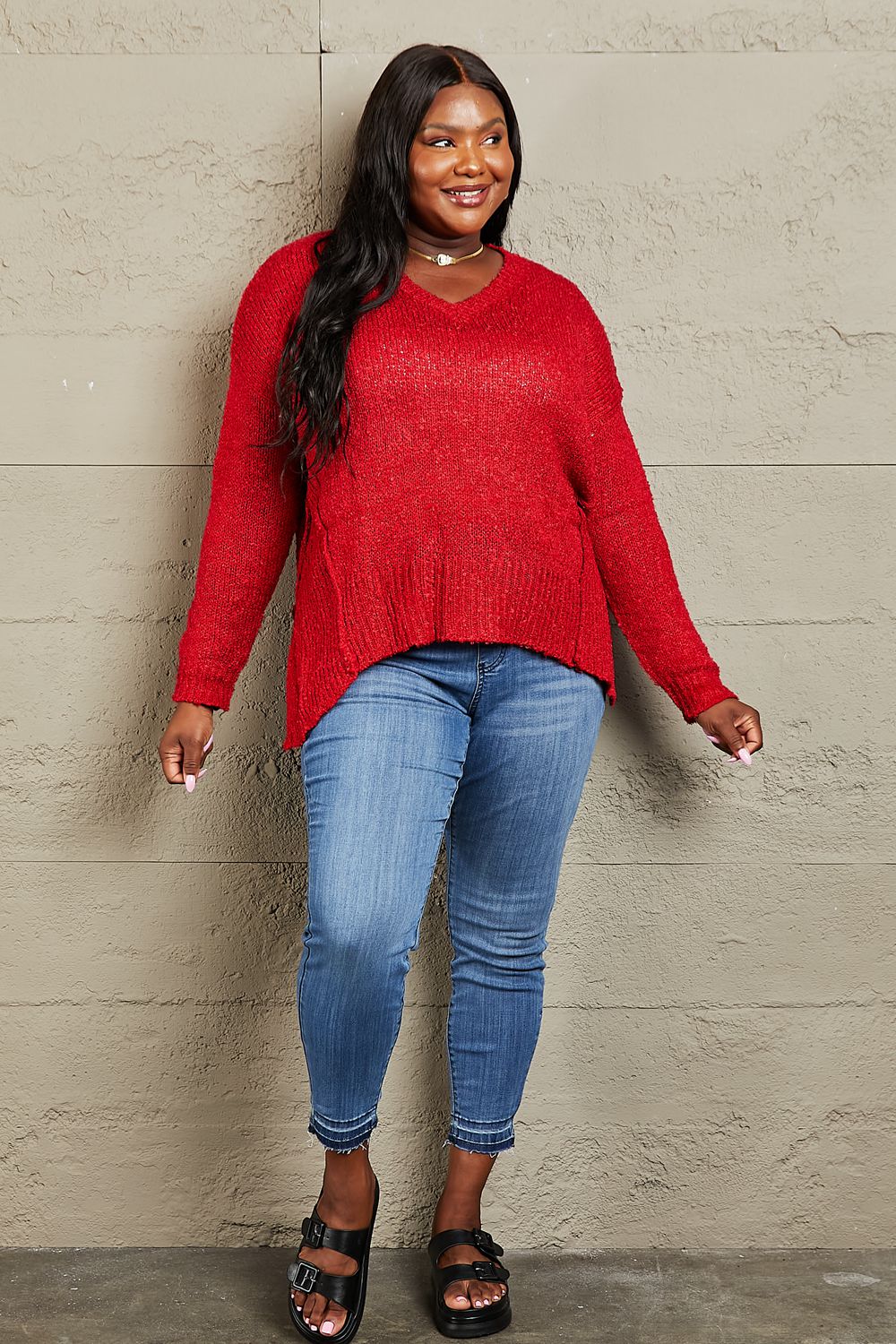 By The Fire Full Size Draped Detail Knit Sweater - Body By J'ne