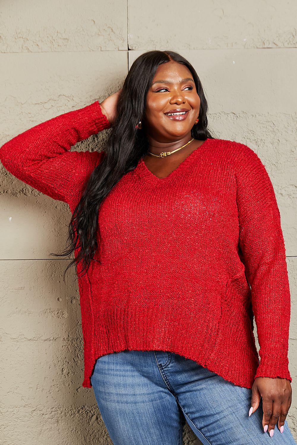 By The Fire Full Size Draped Detail Knit Sweater - Body By J'ne