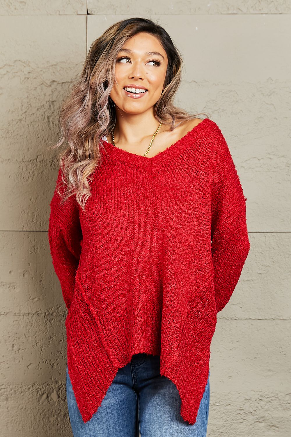 By The Fire Full Size Draped Detail Knit Sweater - Body By J'ne