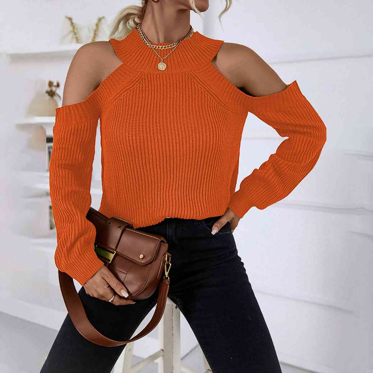 Round Neck Cold-Shoulder Sweater - Body By J'ne