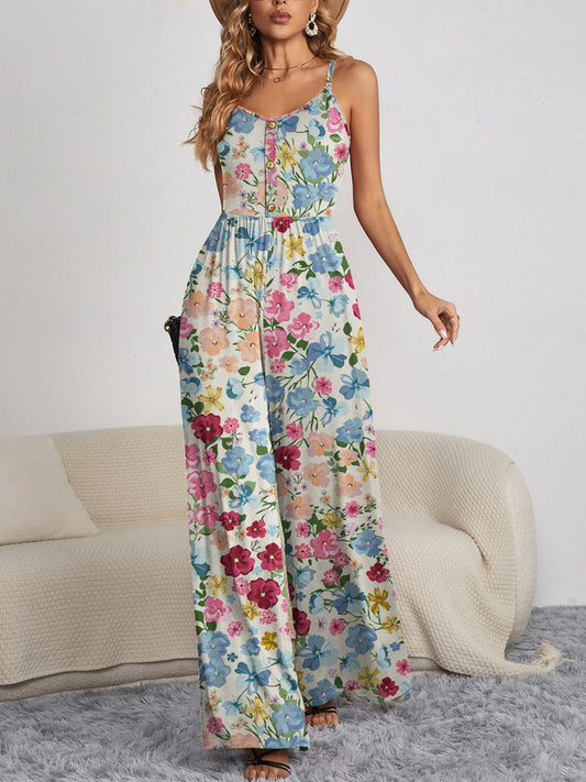 Decorative Button Spaghetti Strap Wide Leg Jumpsuit - Body By J'ne