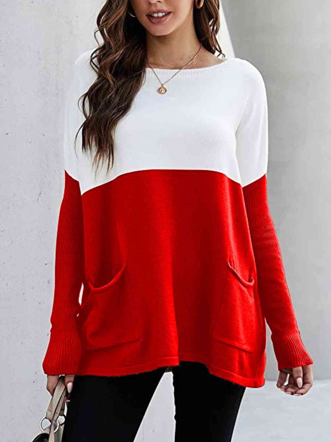 Two Tone Pullover Sweater with Pockets - Body By J'ne