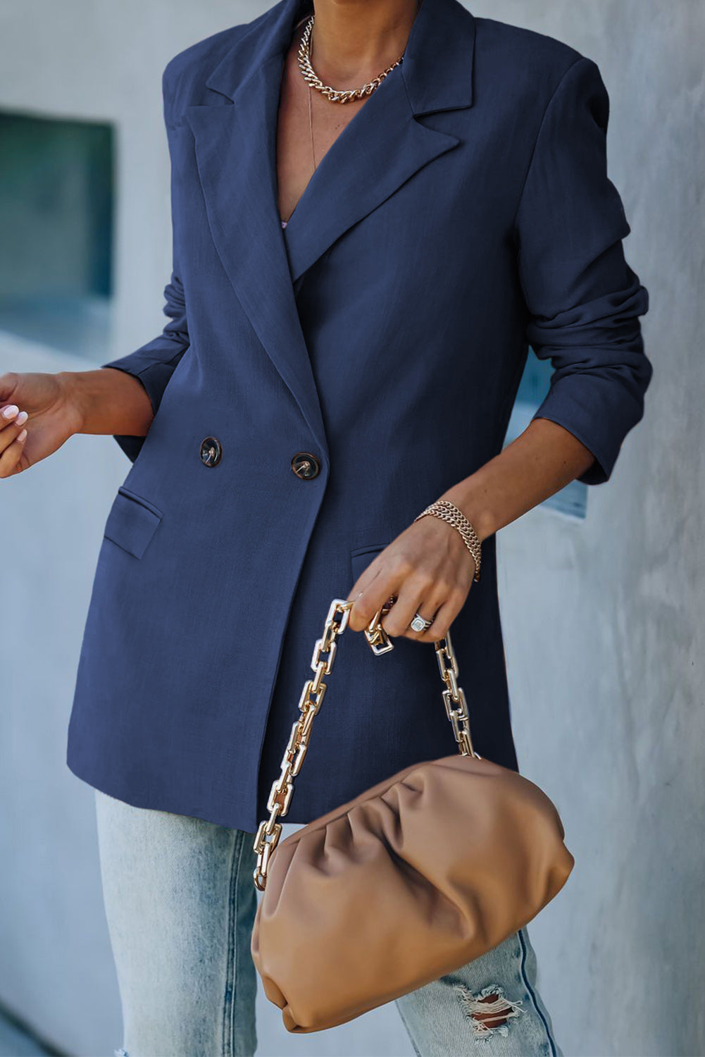 Double-Breasted Padded Shoulder Blazer with Pockets - Body By J'ne