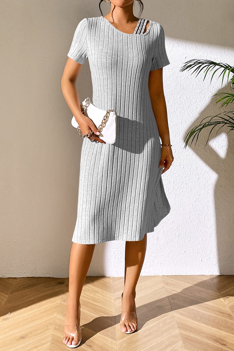 Ribbed Asymmetrical Neck Short Sleeve Dress - Body By J'ne
