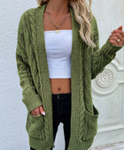 Woven Right Cable-Knit Open Front Cardigan with Front Pockets - Body By J'ne