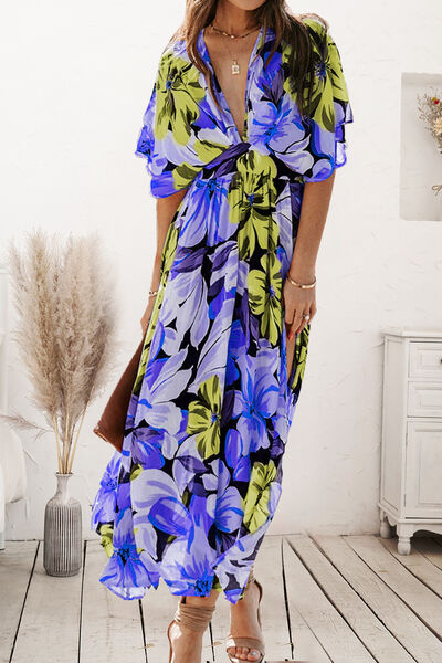 Plunge Split Printed Short Sleeve Dress - Body By J'ne