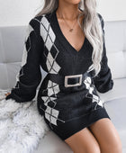 Woven Right Argyle V-Neck Ribbed Trim Sweater Dress - Body By J'ne