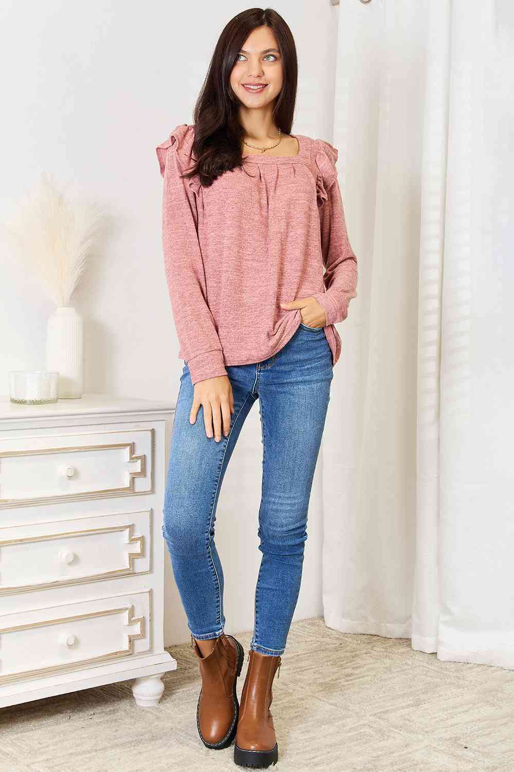 Square Neck Ruffle Shoulder Long Sleeve T-Shirt - Body By J'ne