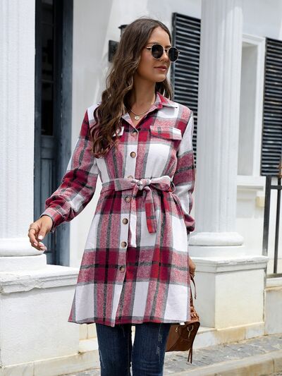 Plaid Belted Collared Neck Button Up Jacket - Body By J'ne