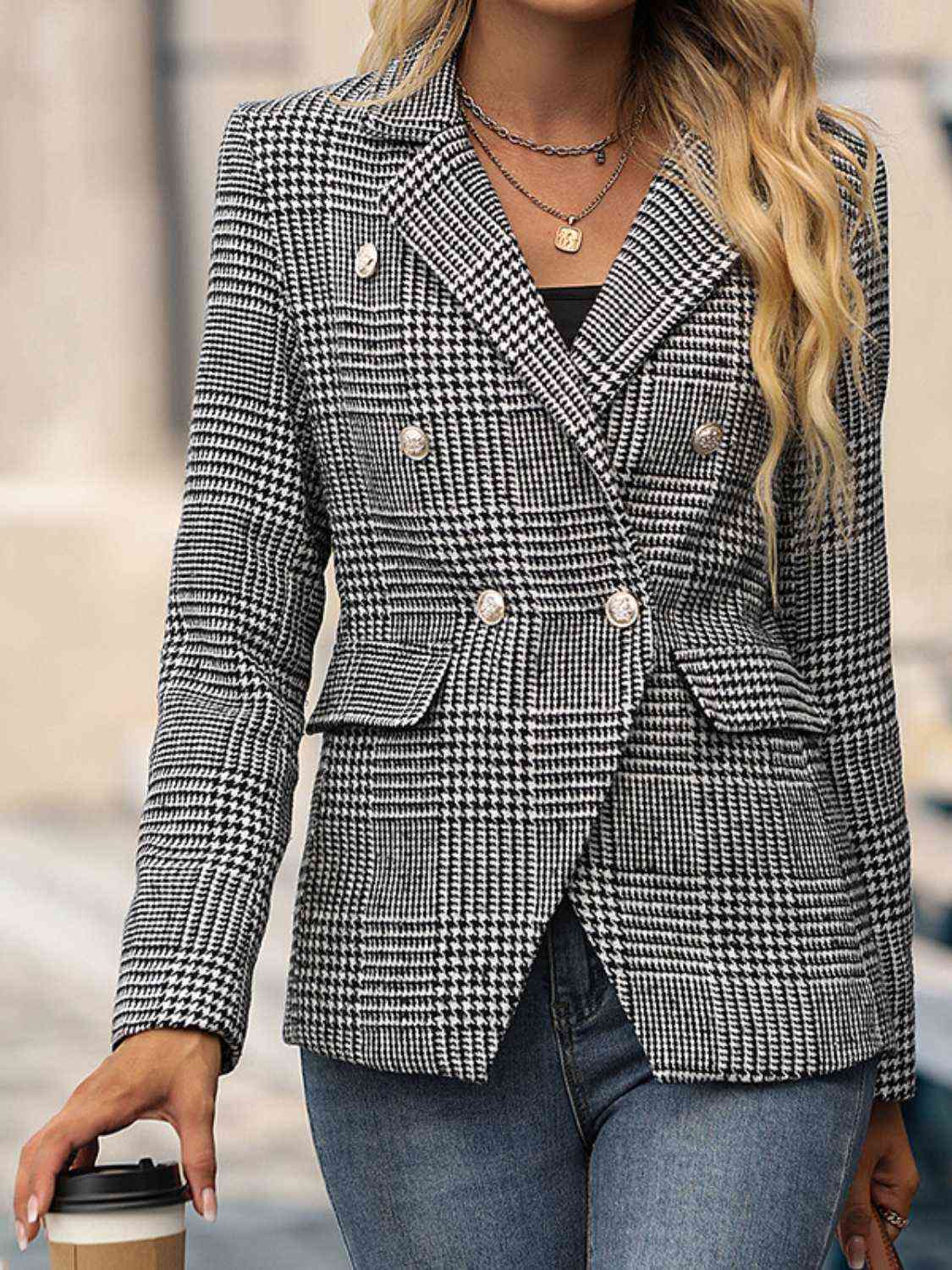 Houndstooth Buttoned Long Sleeve Blazer - Body By J'ne