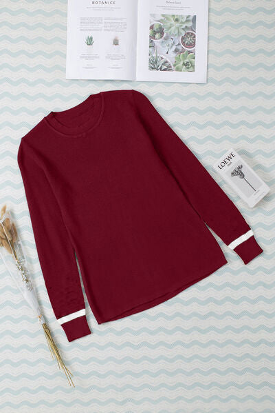 Round Neck Contrast Long Sleeve Knit Top - Body By J'ne