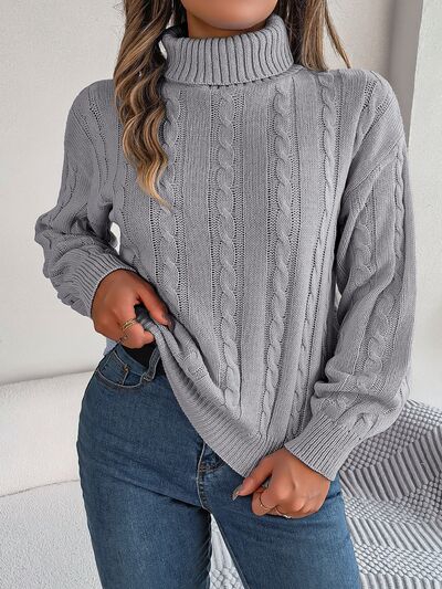 Cable-Knit Turtleneck Dropped Shoulder Sweater - Body By J'ne