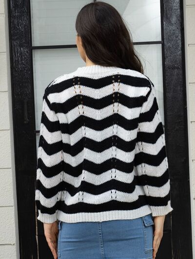 Openwork Striped V-Neck Sweater - Body By J'ne