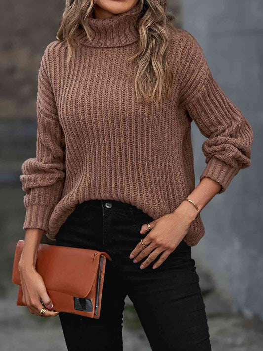 Turtleneck Dropped Shoulder  Pullover Sweater - Body By J'ne