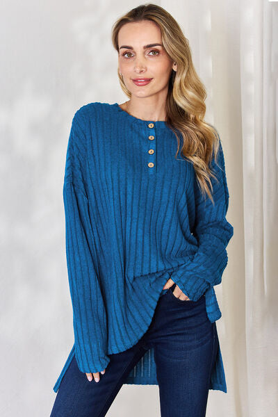 Full Size Ribbed Half Button Long Sleeve High-Low T-Shirt - Body By J'ne