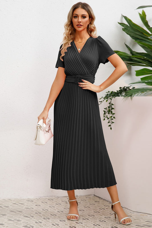 Pleated Surplice Short Sleeve Midi Dress - Body By J'ne