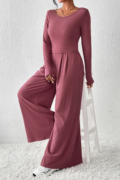 Ribbed Round Neck Top and Wide-Leg Pants Set - Body By J'ne