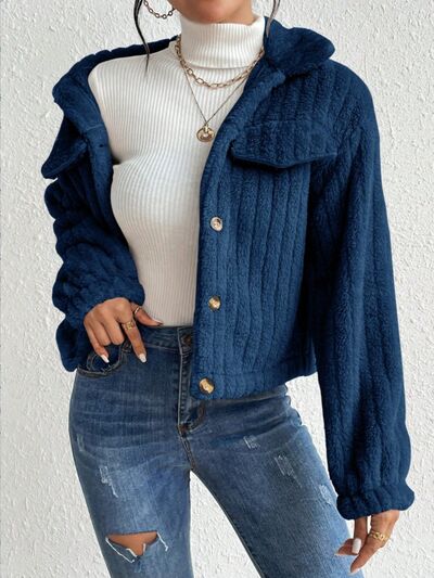 Fuzzy Button Up Collared Neck Jacket - Body By J'ne