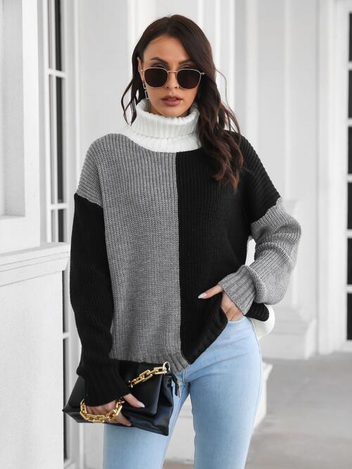 Contrast Turtleneck Long Sleeve Sweater - Body By J'ne