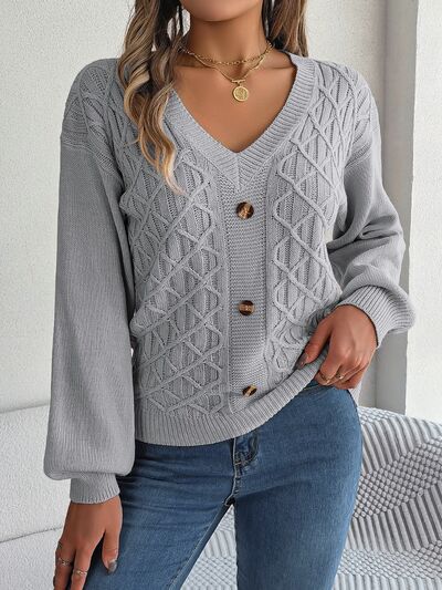 Cable-Knit V-Neck Lantern Sleeve Sweater - Body By J'ne