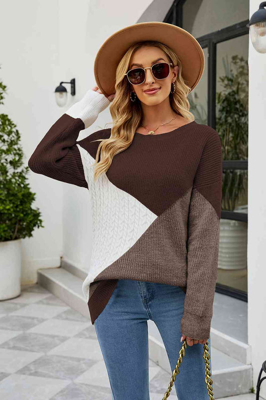 Color Block Round Neck Sweater - Body By J'ne