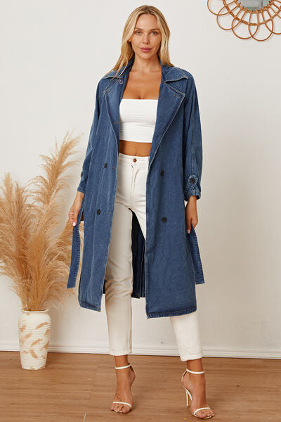 Double-Breasted Belted Longline Denim Jacket - Body By J'ne