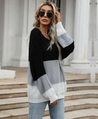 Black Multi Color Block Round Neck Long Sleeve Knit Sweater - Body By J'ne