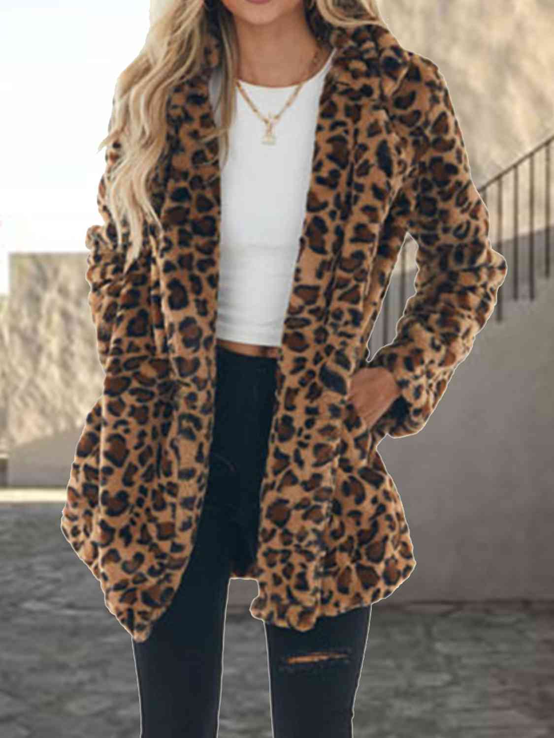 Leopard Collared Neck Coat with Pockets - Body By J'ne