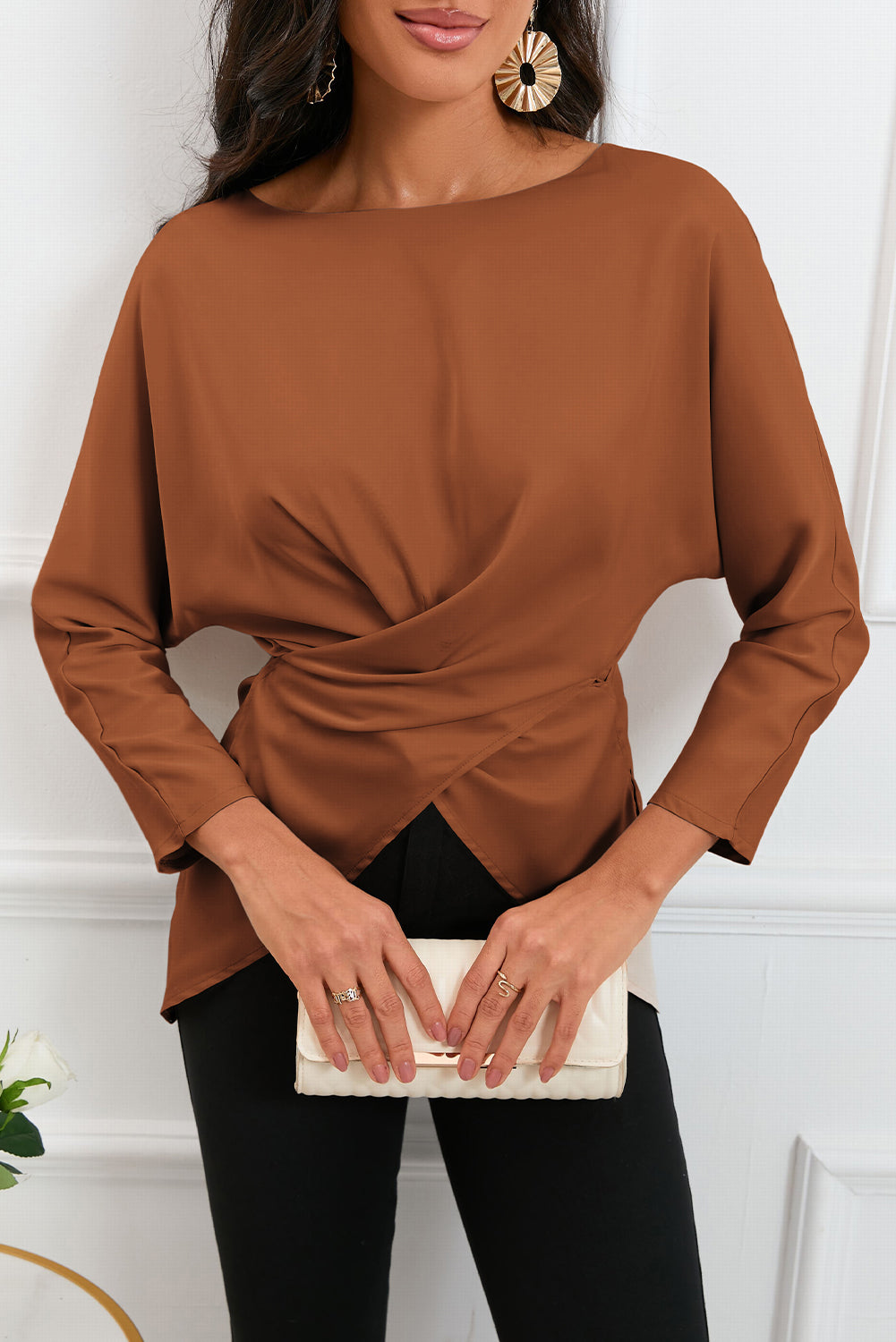 Boat Neck Back Tie Long Sleeve Satin Blouse - Body By J'ne