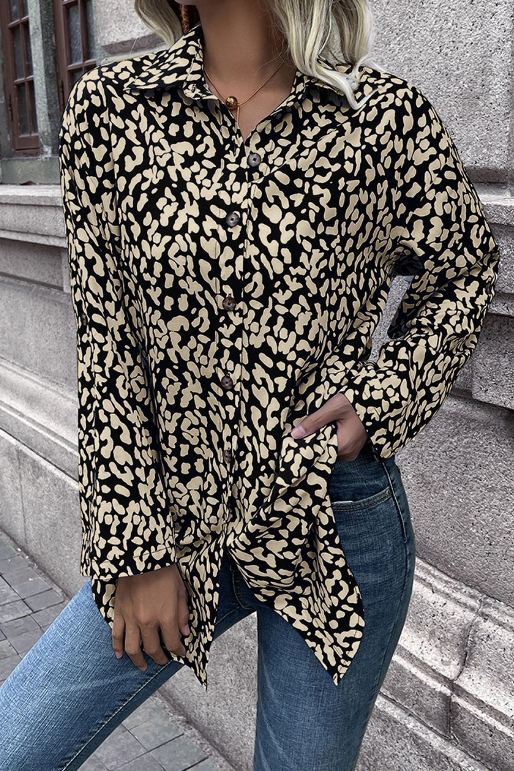 Leopard Roll-Tap Sleeve Shirt - Body By J'ne