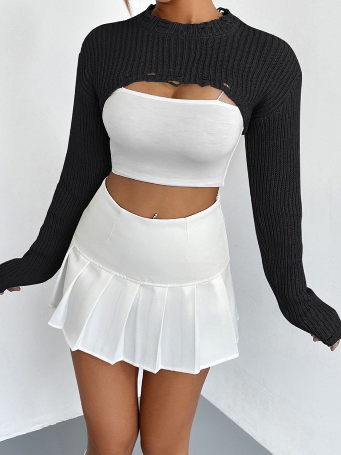 Distressed Long Sleeve Cropped Sweater - Body By J'ne