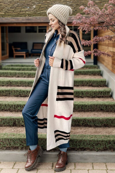 Striped Open Front Long Sleeve Longline Sweater Cardigan - Body By J'ne